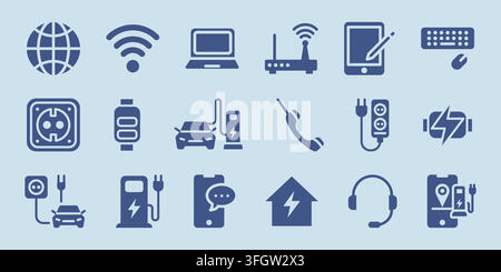 Car charging station icons set. Vector illustration of electric vehicle symbols, power cable pictograms, battery recharge, smart home technology with wi-fi and computer system, modern technology Stock Vector