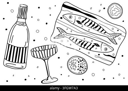 Fish and wine composition Stock Vector