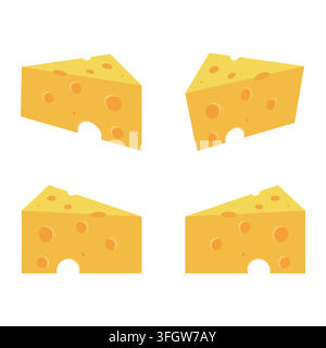 Flat vector illustration set of yellow Swiss cheese triangular slices shown from different angles with holes, isolated on a white background. Stock Vector