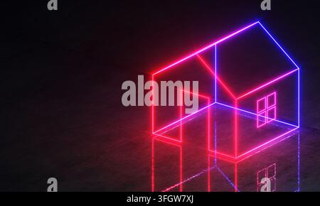 Glowing pink and purple neon house on dark background Stock Photo
