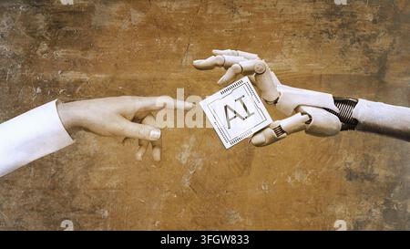 White cyborg robotic hand holds ai technology in his finger and a human hand extends its finger for it - 3D rendering isolated on flat design backgrou Stock Photo