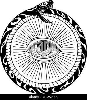 Vector line art illustration of a circular ouroboros serpent biting its tail with an all-seeing eye in the center. Stock Vector