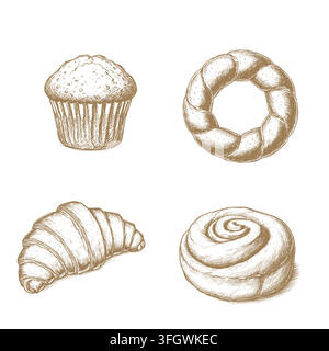muffin, bagel, croissant and cinnamon bun, vector illustration. a set of bakery products for bakeries, restaurant menus, organic food packaging, retro Stock Vector