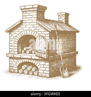 Traditional wood-fired brick oven with firewood and a bread shovel. Vector illustration. For print of traditional bakeries, vintage restaurant menus Stock Vector