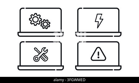 Laptop maintenance and notebook performance computer vector icons set. Black line art style on white background. Clean outline screens collection Stock Vector