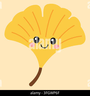A cute, kawaii-style yellow autumn leaf with a smiling face. The leaf has a distinct fan shape and is set against a soft Stock Vector