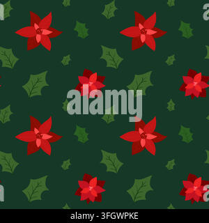 Christmas poinsettia seamless vector pattern. Hand drawn holidays floral pattern with holly leaves and red Christmas star plant on green background Stock Vector