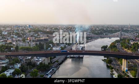 Aerial view of the Juan Bosch Bridge spanning the Ozama River with ...