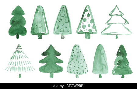 Watercolor Christmas Trees Artistic Vector Set. Aquarelle hand painted pine tree collection. Stock Vector