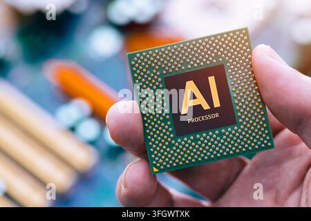 AI Chip, Artificial intelligence AI and Machine learning or Deep Learning Computer Chip. NPU Processor Technology inside GPU Graphic Card Concept. Stock Photo
