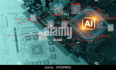 AI Chips Design for AI Processing Unit in Semiconductor technology High precision engineering and PCB AI Digital Chip Production and Microchip archite Stock Photo