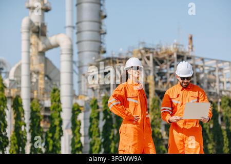 Refinery Engineers Standing Working Survey Together Laptop Tablet Outdoor Industrial Plant Facility. Woman Man Engineer Team Site Visit Inspection Oil Stock Photo