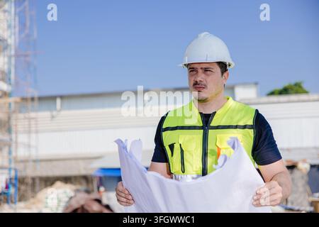 Professional Construction Worker Reviewing Building Plans on Site During hot Day summer season wears safety helmet Stock Photo