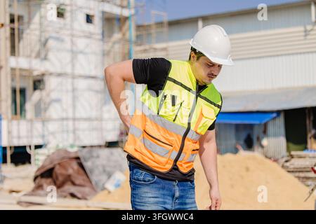 Backpain Worker, Construction Engineer in Safety Vest Checks His Back at Construction Site during hardwork. Stock Photo