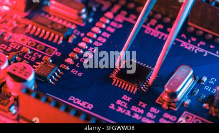 Micro Controller Chip. Close up Microchip Small AI CPU Processor Unit. Replace Placement Fix Repair Microprocessor in Computer Digital Part Stock Photo
