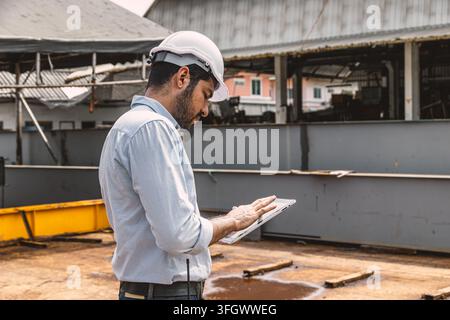Asian Indian construction Engineer male, Builder lead construction site working control operate crane site. Stock Photo