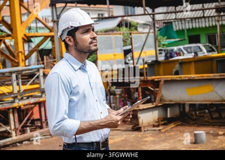 portrait Indian asian male engineer wearing safety hardhat blue shirt holding tablet inspecting building construction site development project. Male e Stock Photo