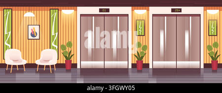 Elevator hall. Office lobby interior, elevators doors corridor lift closed door building entrance floor gate metal cabin hotel modern apartment flat background vector illustration original artwork Stock Vector