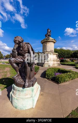 A statue of Hamlet with William Shakespeare on the apex of the Gower Monument, Bancroft Gardens, Stratford Upon Avon, England Stock Photo