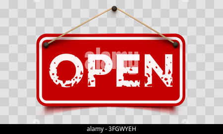 Open sign board hanging on a rope, red plate for shop entrance, business store label. Vector illustration Stock Vector
