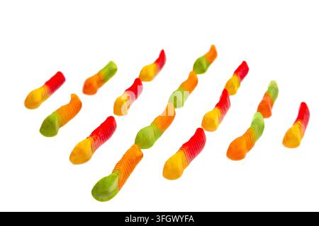 Pattern of A lot of different gummy worms isolated on white background Stock Photo