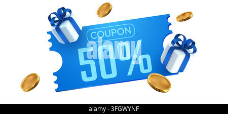 50 percent off discount coupon with gift boxes and gold coins. Marketing banner for holiday sale. Vector illustration. Stock Vector