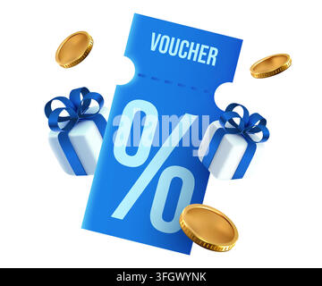 Blue discount voucher with gift boxes and gold coins. Marketing offer for sale event. Vector illustration. Stock Vector