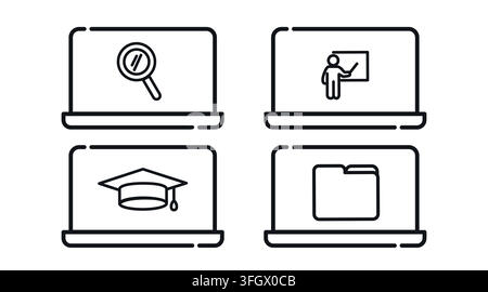 Online education and digital document management laptop computers vector icons set. Black line art style on white background. Stock Vector