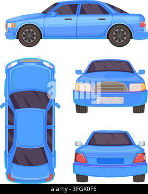 Blue sedan car front side top and rear views isolated on white vector illustration set Stock Vector