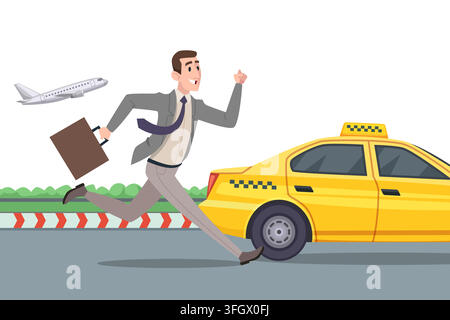 Businessman with briefcase running to yellow taxi at airport with taking off plane cartoon vector illustration Stock Vector