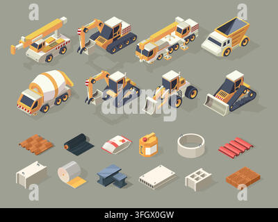 Construction vehicles and building materials isometric icon set vector illustration Stock Vector