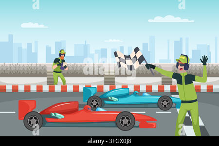 Formula racing cars crossing finish line with marshal waving checkered flag cartoon vector illustration Stock Vector
