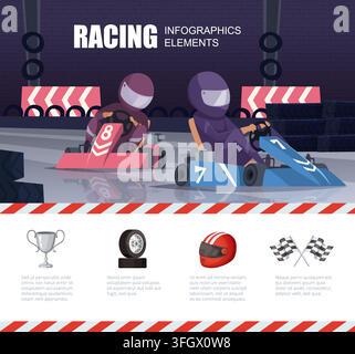RACING INFOGRAPHICS ELEMENTS with karting racers on track trophy helmet and checkered flags vector template Stock Vector