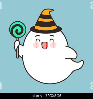Cute ghost witch with striped hat and lollipop vector illustration Stock Vector