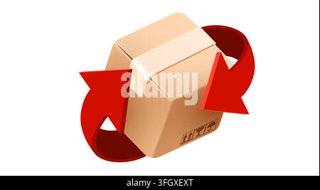 Cardboard box with red arrows indicating return or exchange process. Delivery logistics concept. Vector illustration Stock Vector