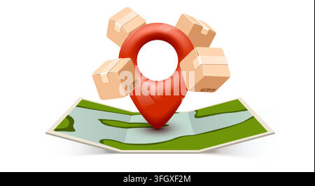 Delivery location pin with cardboard boxes on a map. Concept for shipping and logistics. Vector illustration Stock Vector