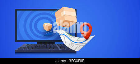 Online delivery concept with parcels and tracking map. Fast shipping service for your e-commerce. Vector illustration. Stock Vector