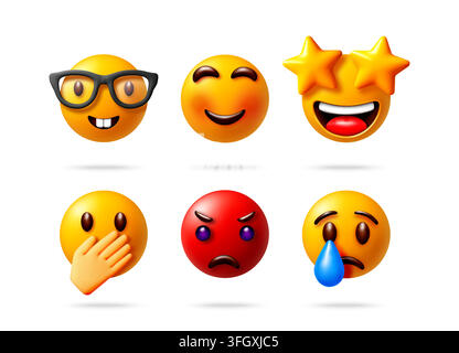 Set of six 3d emoji faces showing different emotions Stock Vector