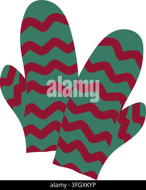 Colorful knitted winter mittens with a green base, bold red wavy stripes and contrasting cuffs. Hand drawn flat vector illustration for winter fashion Stock Vector
