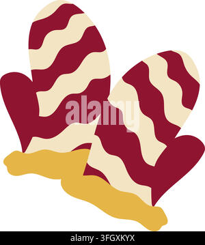 Cozy cream and burgundy knitted winter mittens with bold wavy stripes and contrasting cuffs. Hand drawn flat vector illustration for Christmas designs Stock Vector