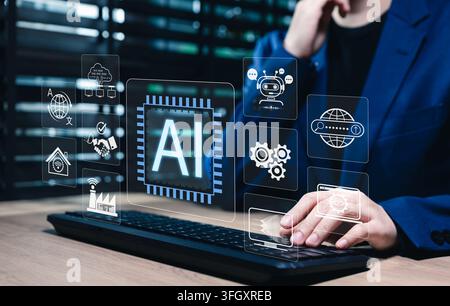 Artificial intelligence automation concept. Businesswoman using computer, machine learning, AI chatbot communication, workflow optimization, smart sys Stock Photo
