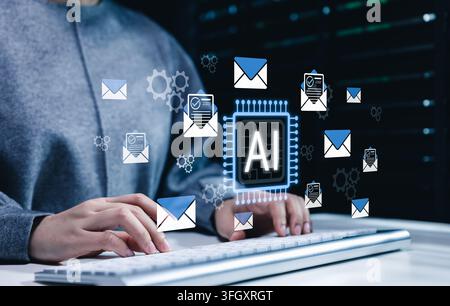 AI email automation concept. Person typing on keyboard and virtual message icon, intelligent inbox management, automated drafting, email sorting, resp Stock Photo