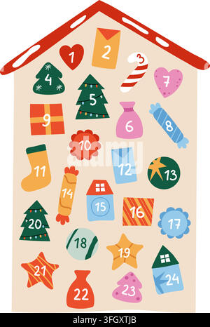 Christmas house advent calendar with numbered envelopes gifts and candies vector illustration Stock Vector