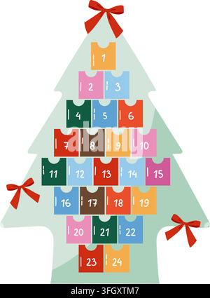 Christmas tree advent calendar with pockets numbered 1 to 24 vector flat illustration Stock Vector