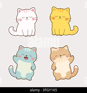 Four cute cartoon cats in pastel colors sitting and waving happily Stock Vector