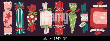 Traditional Christmas party crackers hand drawn vector set for holiday banner Stock Vector