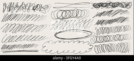 Realistic set of hand-drawn pen lines. Vector illustration of abstract pencil scribbles, round highlight frames, marker strokes and sketchy circles for messy artistic backgrounds and grunge effects Stock Vector