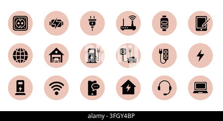 Electric car charging station icons set with battery power symbols. EV charger pictograms and energy infrastructure elements for modern vehicle technology. Vector round symbols, color pictograms Stock Vector