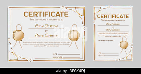 Set of elegant certificate templates with golden design on white background. Vector realistic illustration of premium professional award layout for achievement recognition and graduation ceremonies Stock Vector