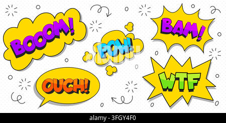 Comic book speech bubbles with pop art explosion effects. Vibrant cartoon dialog boxes pow, ouch, boom, bam anf wtf words in retro halftone style. Dynamic shapes isolated on white dotted background. Stock Vector